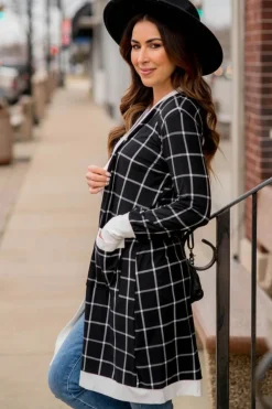 Online Dear-Lover Plaid Colorblock Edge Open Cardigan with Pocket Black