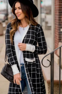 Online Dear-Lover Plaid Colorblock Edge Open Cardigan with Pocket Black