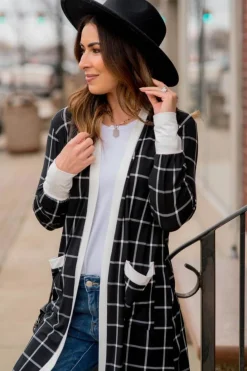 Online Dear-Lover Plaid Colorblock Edge Open Cardigan with Pocket Black