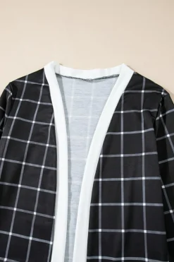 Online Dear-Lover Plaid Colorblock Edge Open Cardigan with Pocket Black