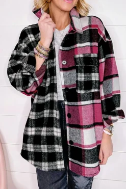 Sale Dear-Lover Plaid Colorblock Loose Shacket Black