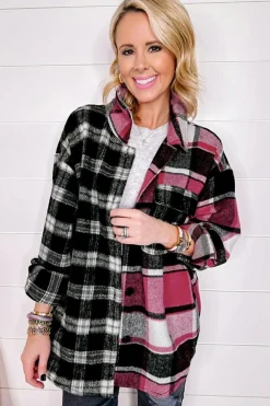 Sale Dear-Lover Plaid Colorblock Loose Shacket Black