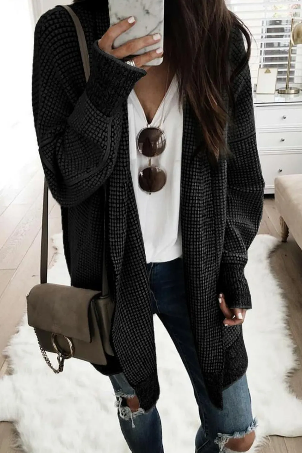 Hot Dear-Lover Plaid Knitted Long Open Front Cardigan Black