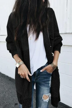 Hot Dear-Lover Plaid Knitted Long Open Front Cardigan Black