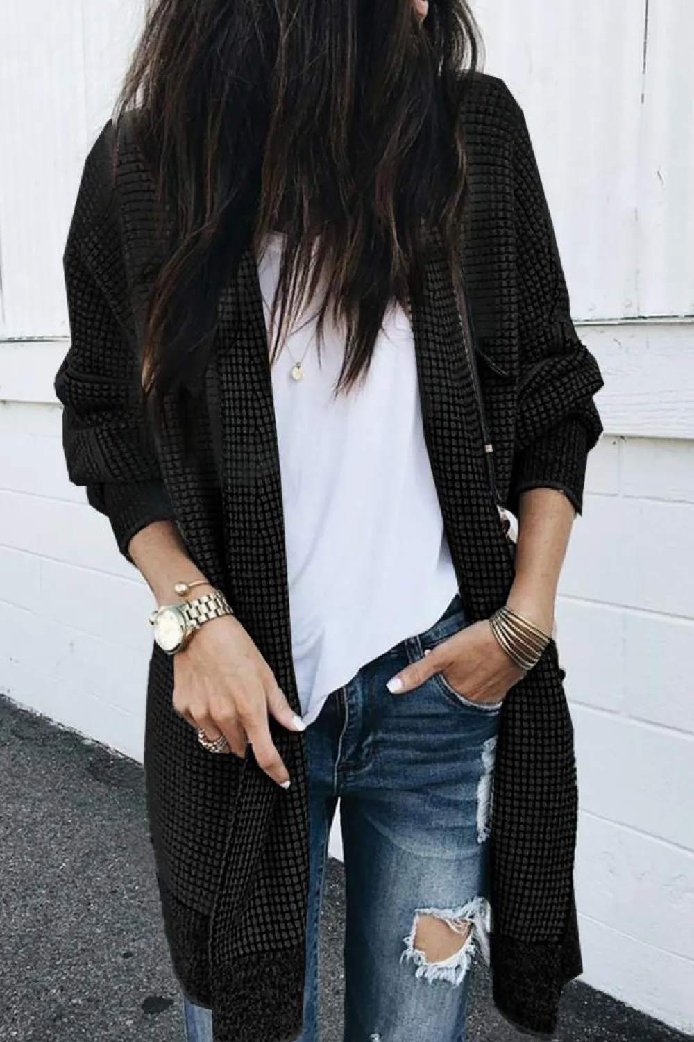Hot Dear-Lover Plaid Knitted Long Open Front Cardigan Black