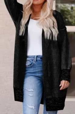Hot Dear-Lover Plaid Knitted Long Open Front Cardigan Black