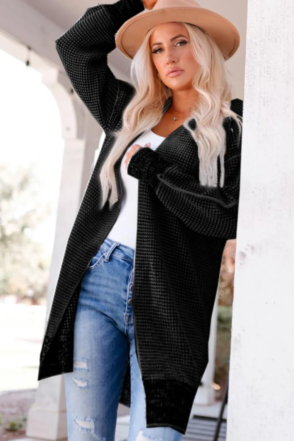 Hot Dear-Lover Plaid Knitted Long Open Front Cardigan Black