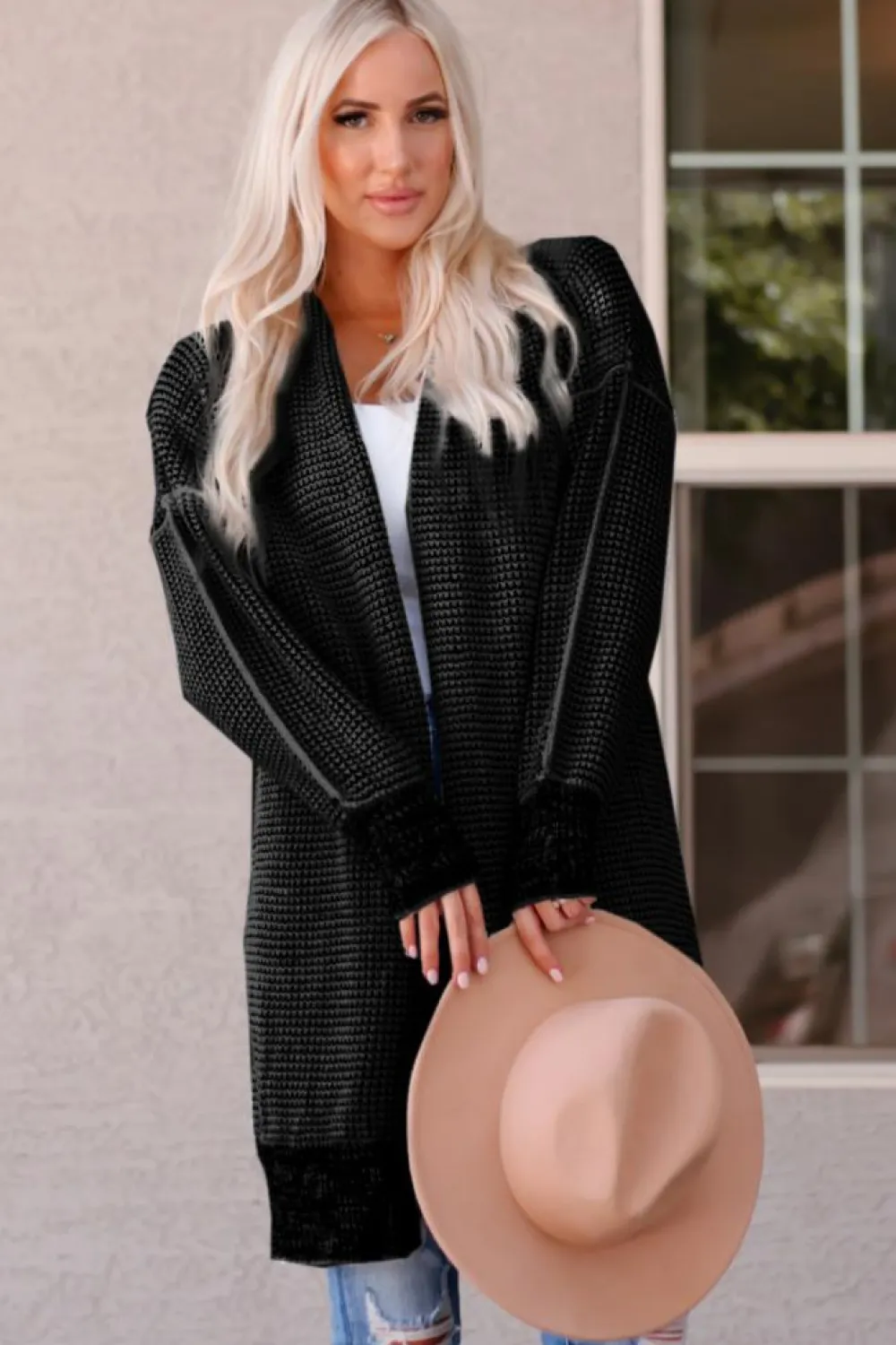 Hot Dear-Lover Plaid Knitted Long Open Front Cardigan Black