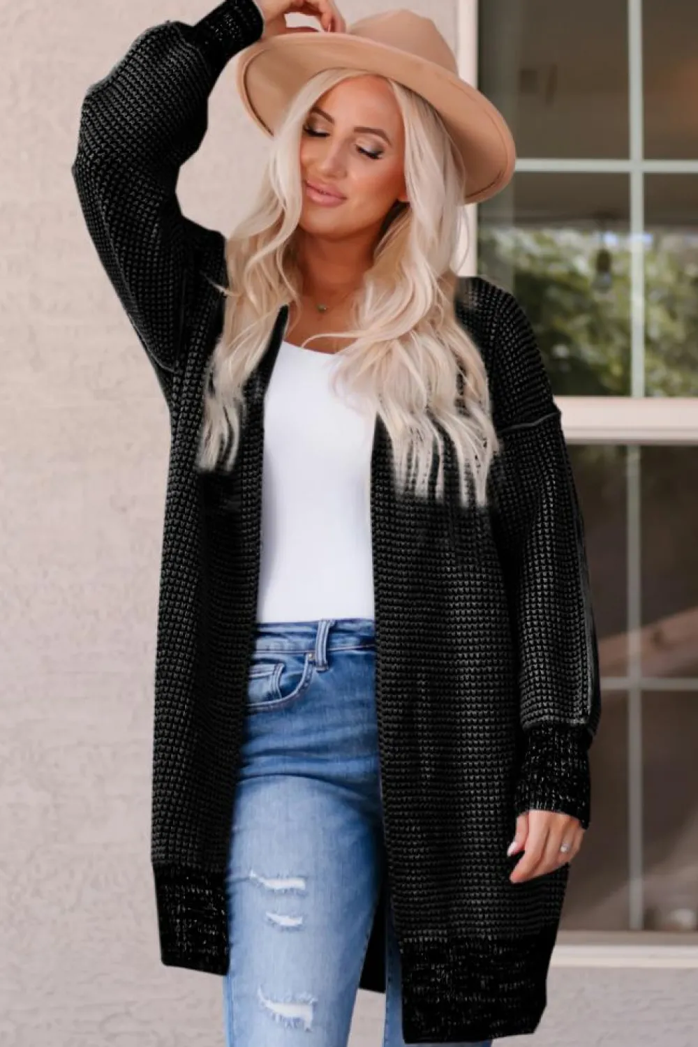 Hot Dear-Lover Plaid Knitted Long Open Front Cardigan Black
