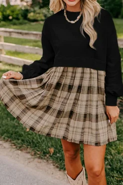 Online Dear-Lover Plaid Patchwork High Waist Sweatshirt Mini Dress Black