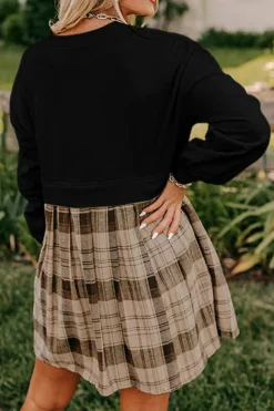 Online Dear-Lover Plaid Patchwork High Waist Sweatshirt Mini Dress Black
