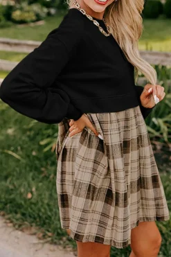 Online Dear-Lover Plaid Patchwork High Waist Sweatshirt Mini Dress Black