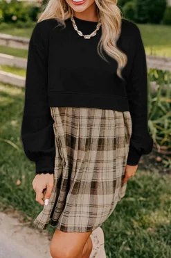 Online Dear-Lover Plaid Patchwork High Waist Sweatshirt Mini Dress Black