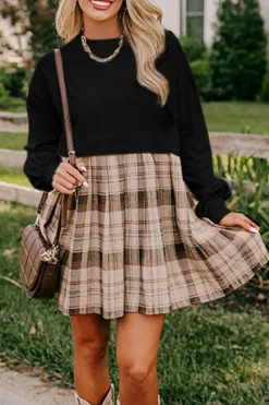 Online Dear-Lover Plaid Patchwork High Waist Sweatshirt Mini Dress Black