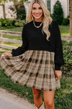 Online Dear-Lover Plaid Patchwork High Waist Sweatshirt Mini Dress Black