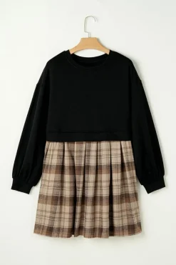 Online Dear-Lover Plaid Patchwork High Waist Sweatshirt Mini Dress Black