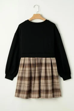 Online Dear-Lover Plaid Patchwork High Waist Sweatshirt Mini Dress Black