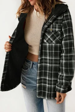 Fashion Dear-Lover Black Plaid Pattern Sherpa Lined Hooded Shacket Black-2