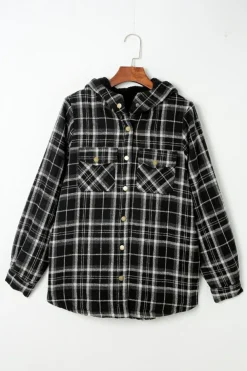 Fashion Dear-Lover Black Plaid Pattern Sherpa Lined Hooded Shacket Black-2