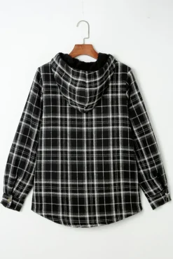 Fashion Dear-Lover Black Plaid Pattern Sherpa Lined Hooded Shacket Black-2