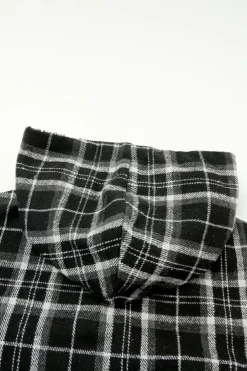 Fashion Dear-Lover Black Plaid Pattern Sherpa Lined Hooded Shacket Black-2