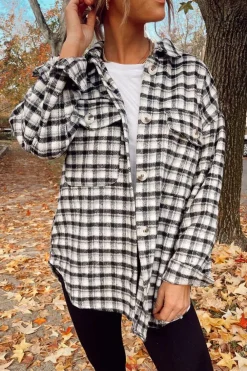 Sale Dear-Lover Plaid Print Chest Pockets Buttoned Tunic Shacket Black