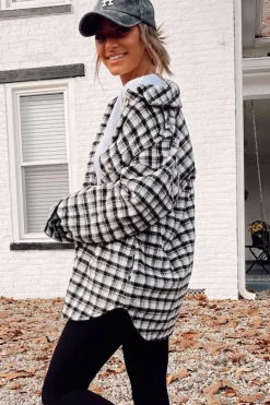 Sale Dear-Lover Plaid Print Chest Pockets Buttoned Tunic Shacket Black
