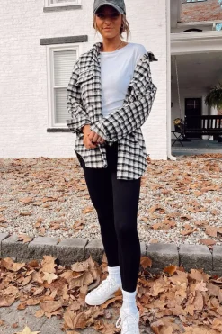 Sale Dear-Lover Plaid Print Chest Pockets Buttoned Tunic Shacket Black