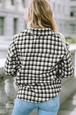 Sale Dear-Lover Plaid Print Chest Pockets Buttoned Tunic Shacket Black