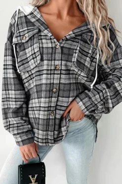 Sale Dear-Lover Plaid Print Flap Pockets Contrast Hooded Loose Shacket Black
