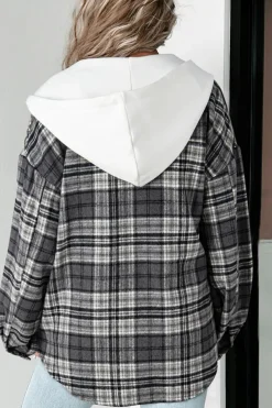 Sale Dear-Lover Plaid Print Flap Pockets Contrast Hooded Loose Shacket Black