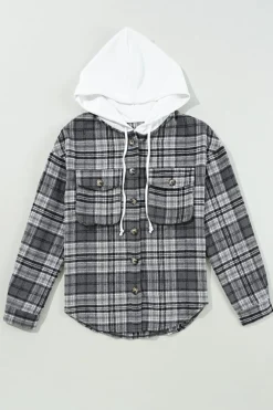 Sale Dear-Lover Plaid Print Flap Pockets Contrast Hooded Loose Shacket Black