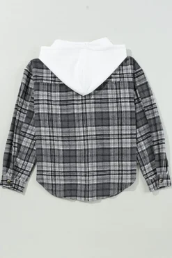 Sale Dear-Lover Plaid Print Flap Pockets Contrast Hooded Loose Shacket Black