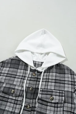 Sale Dear-Lover Plaid Print Flap Pockets Contrast Hooded Loose Shacket Black