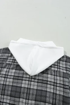 Sale Dear-Lover Plaid Print Flap Pockets Contrast Hooded Loose Shacket Black