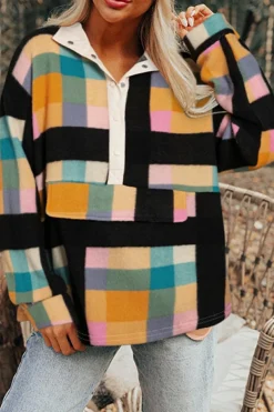 Clearance Dear-Lover Plaid Print Pocketed Half Button Collared Sweatshirt Black