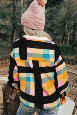 Clearance Dear-Lover Plaid Print Pocketed Half Button Collared Sweatshirt Black