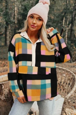 Clearance Dear-Lover Plaid Print Pocketed Half Button Collared Sweatshirt Black
