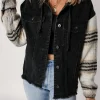 Online Dear-Lover Plaid Sleeve Frayed Hem Hooded Denim Jacket Black
