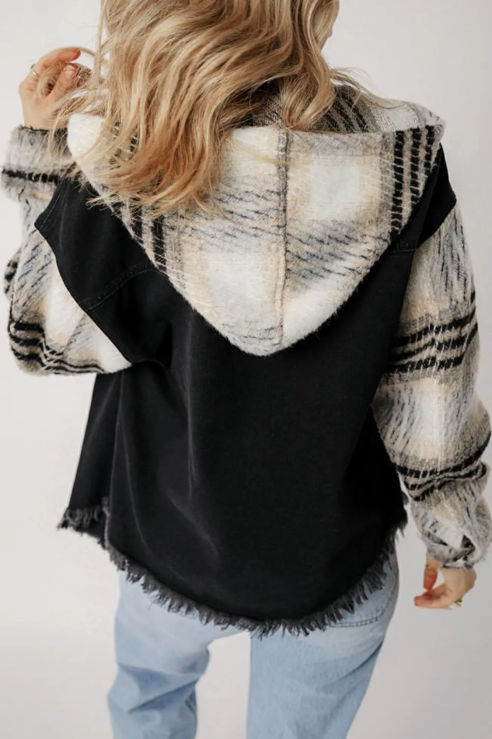 Online Dear-Lover Plaid Sleeve Frayed Hem Hooded Denim Jacket Black