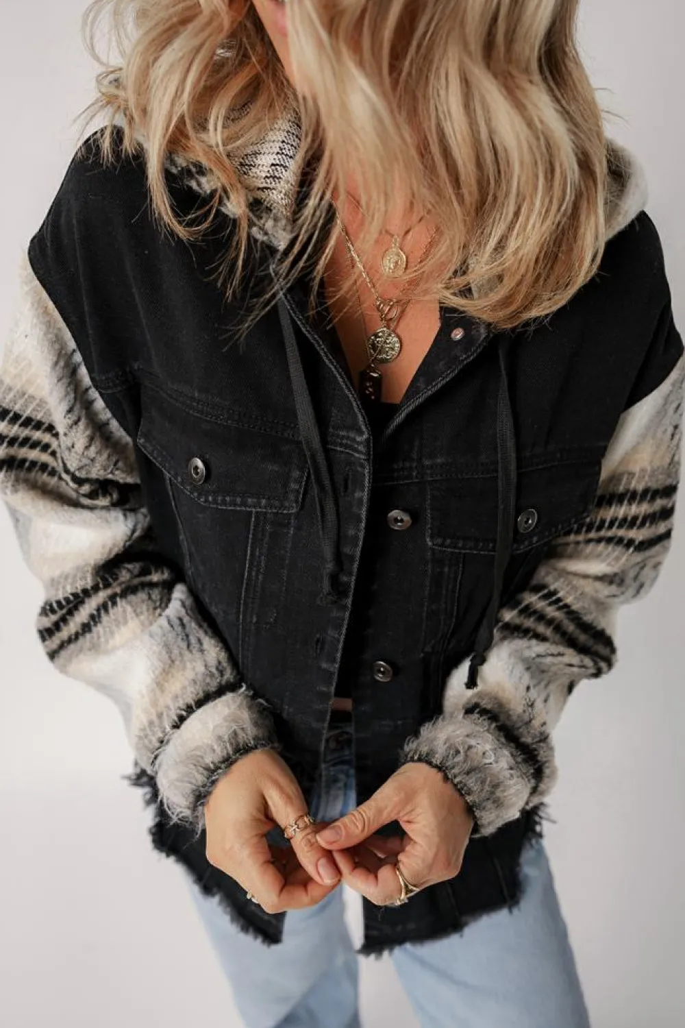 Online Dear-Lover Plaid Sleeve Frayed Hem Hooded Denim Jacket Black