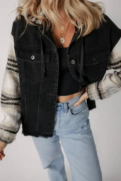 Online Dear-Lover Plaid Sleeve Frayed Hem Hooded Denim Jacket Black
