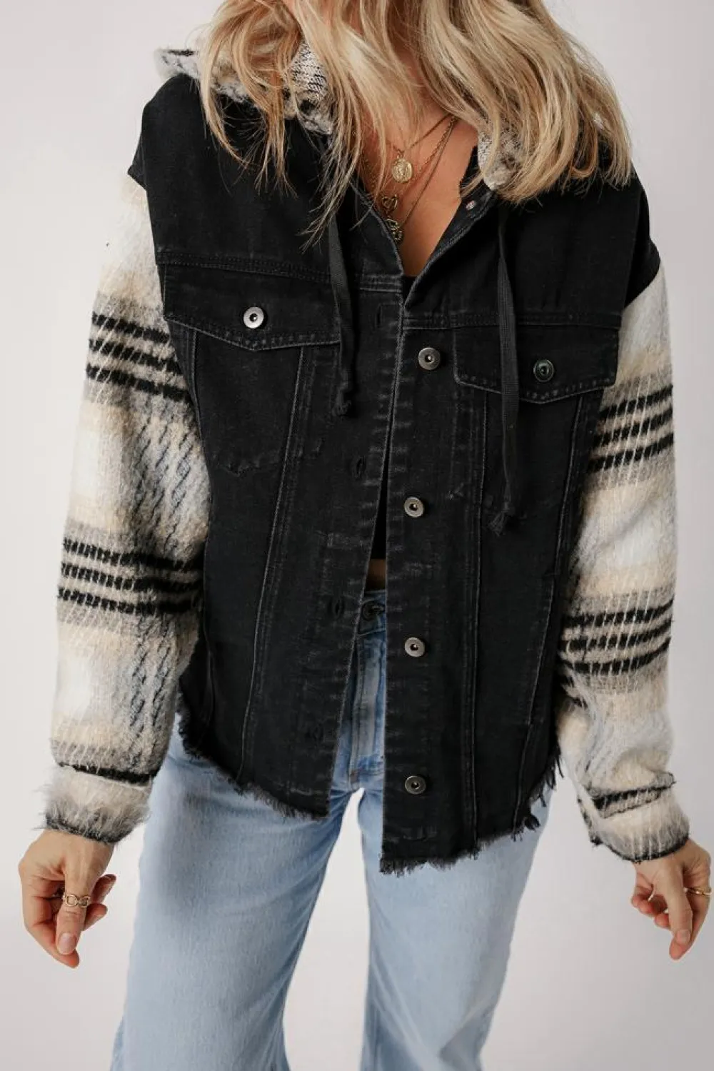 Online Dear-Lover Plaid Sleeve Frayed Hem Hooded Denim Jacket Black