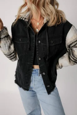 Online Dear-Lover Plaid Sleeve Frayed Hem Hooded Denim Jacket Black