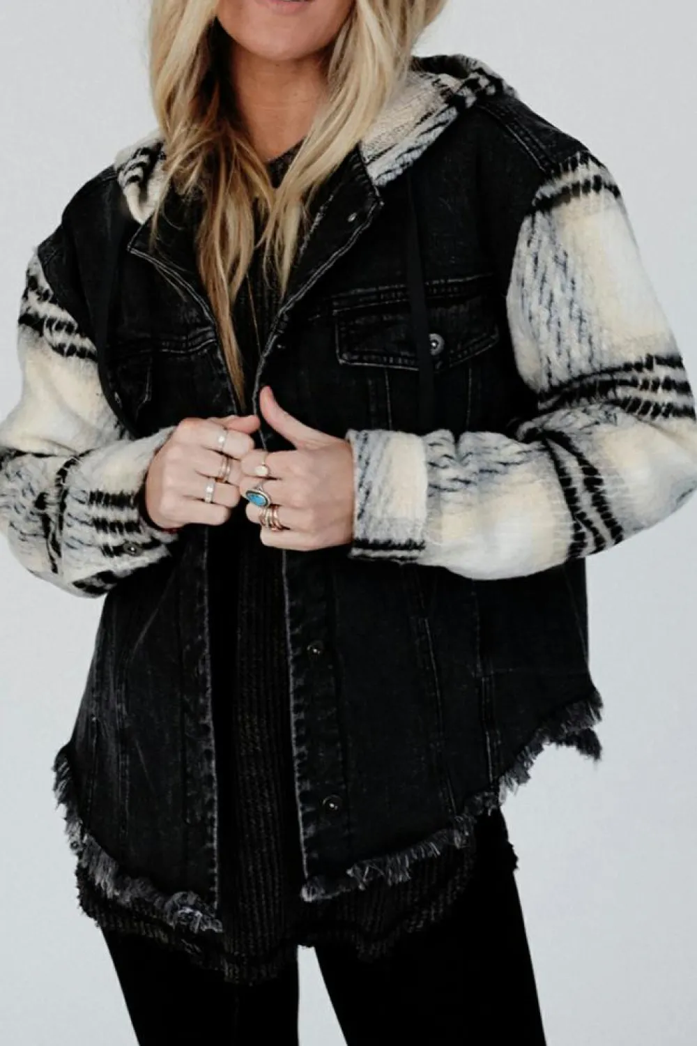 Online Dear-Lover Plaid Sleeve Frayed Hem Hooded Denim Jacket Black