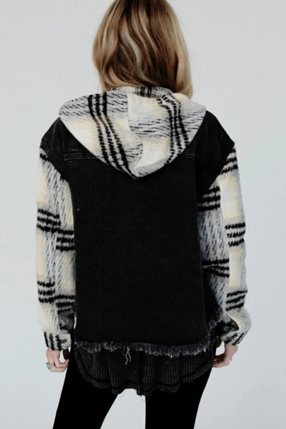 Online Dear-Lover Plaid Sleeve Frayed Hem Hooded Denim Jacket Black
