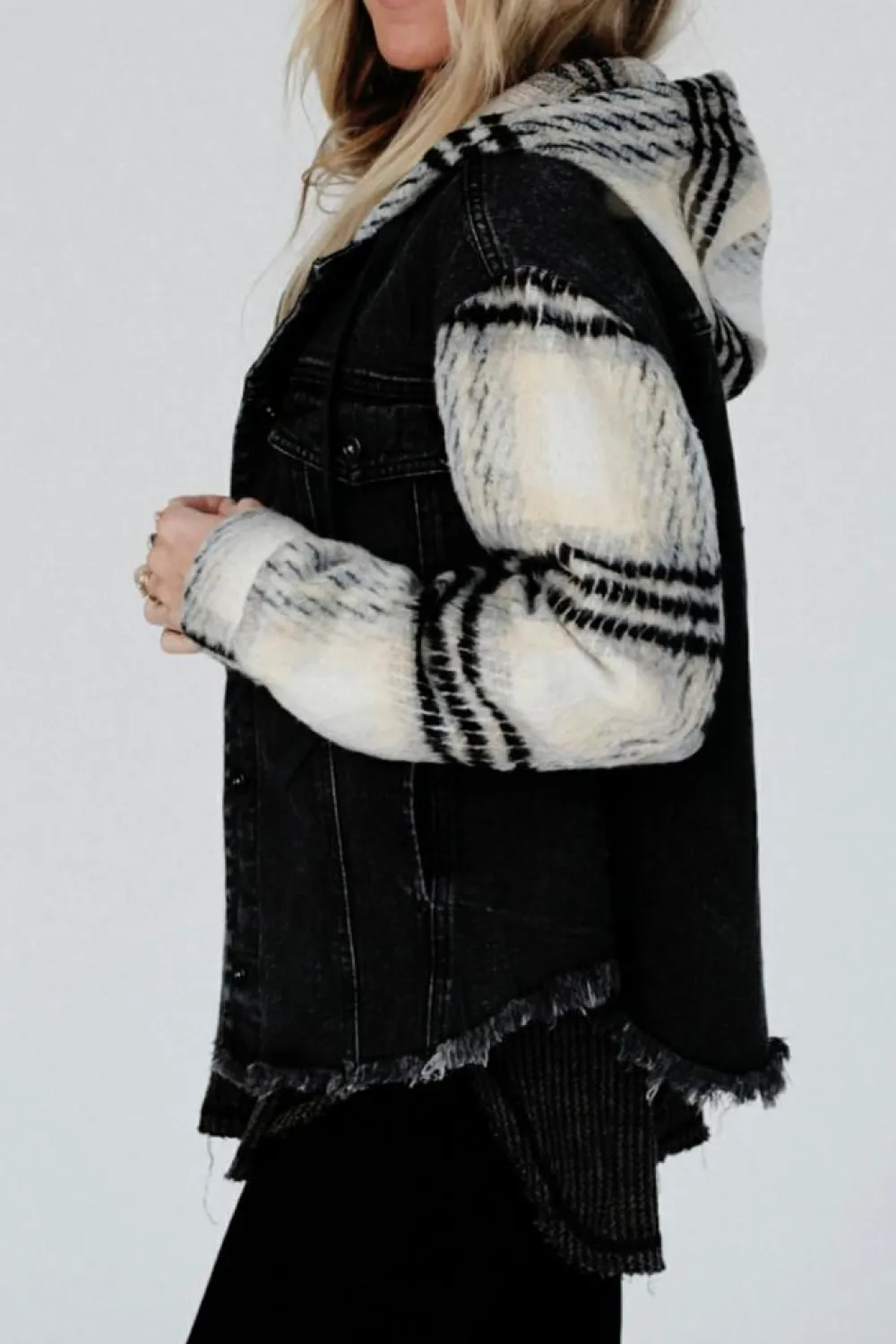 Online Dear-Lover Plaid Sleeve Frayed Hem Hooded Denim Jacket Black
