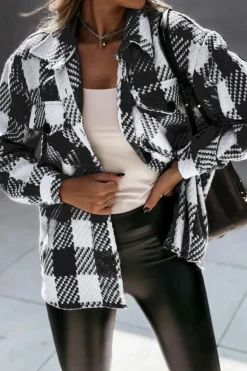 Best Dear-Lover Plaid Textured Flap Pocket Shacket Black