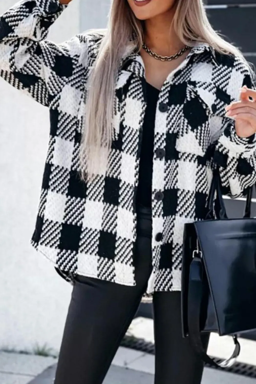 Best Dear-Lover Plaid Textured Flap Pocket Shacket Black