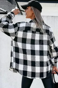 Best Dear-Lover Plaid Textured Flap Pocket Shacket Black